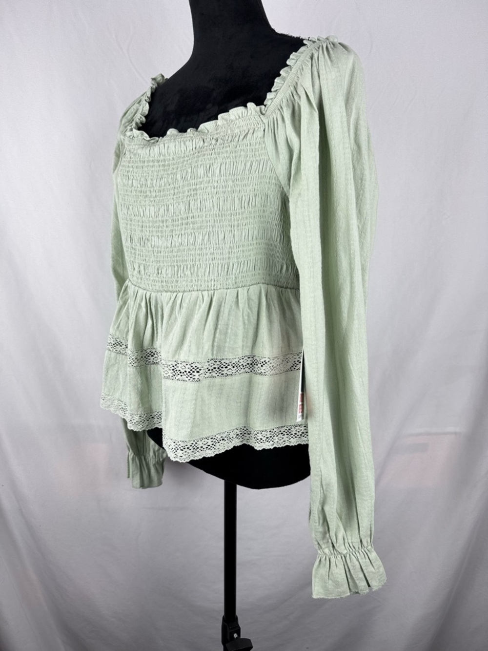 Celebrity Pink Light Sage Smocked Peplum Long Sleeve Blouse - Picture 3 of 7